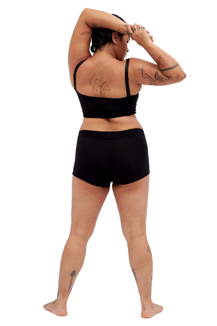 ENBY person wearing a black chest binder made from lycra and mesh, photographed from the back.